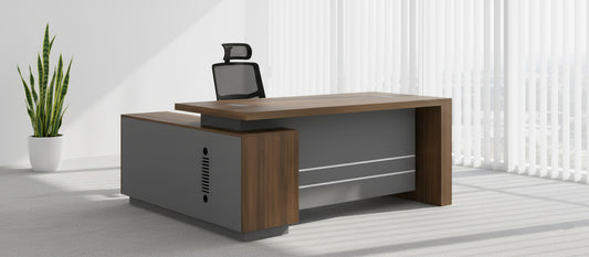 L-Shaped Office Desk 180x160cm - Executive Corner Table with Drawers UAE | Walnut Grey