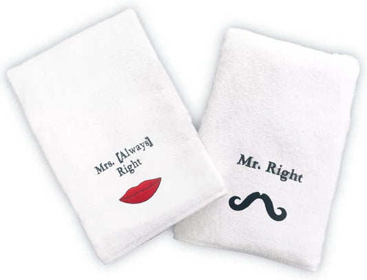 INFINI HOMES Luxury Embroidered Hand Towel Set - Mrs Always Right & Mr Right - Premium 600 GSM Cotton Bath Linen UAE