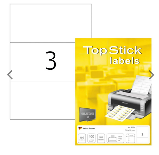 TopStick White Labels UAE | 3 Labels/Sheet 210x99mm | Dubai Abu Dhabi Sharjah Delivery