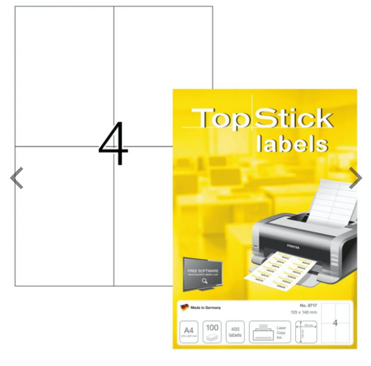 TopStick Labels UAE - 4 Labels/Sheet Sharp Corners 105x148mm - Dubai Abu Dhabi Delivery