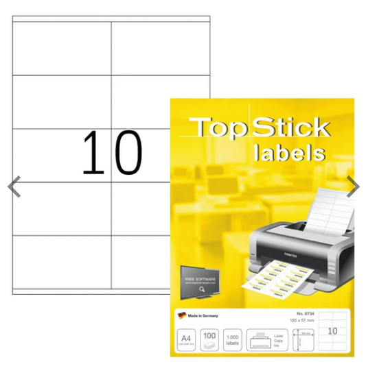 TopStick Labels UAE - 10 Labels/Sheet Sharp Corners 105x57mm - Dubai Abu Dhabi Sharjah Delivery