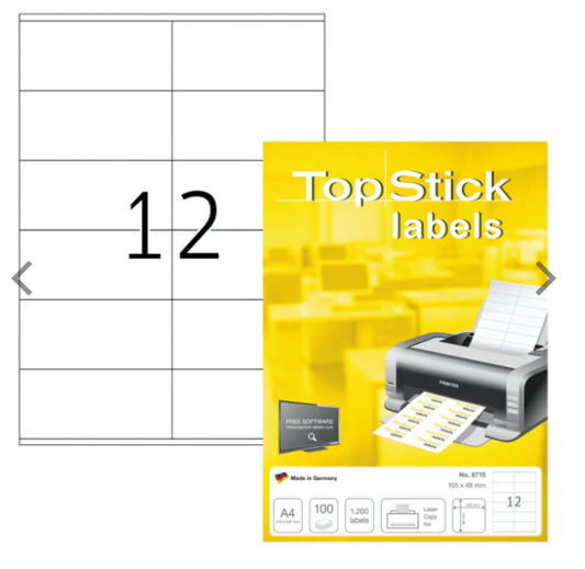 TopStick Labels UAE - 12 Labels/Sheet Sharp Corners 105x48mm - Dubai Abu Dhabi Delivery