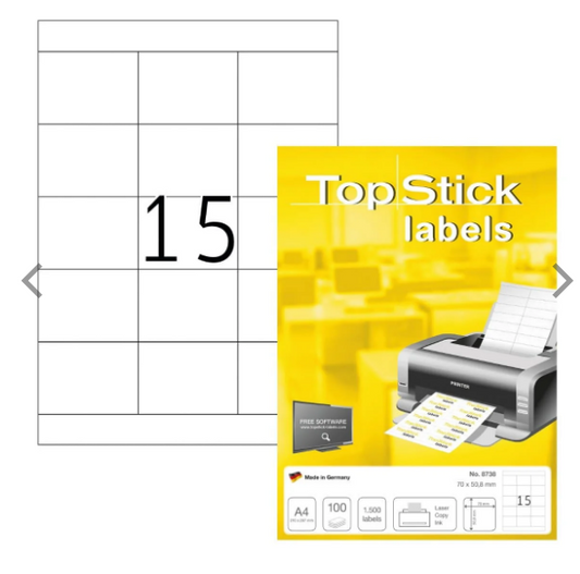TopStick White Labels UAE | 15 Labels/Sheet | 70x50.8mm | Dubai Abu Dhabi Sharjah