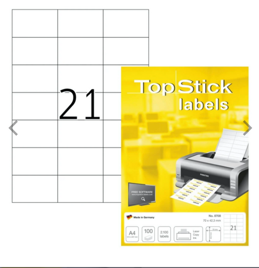 TopStick Labels UAE - 21 Labels/Sheet Sharp Corners 70x42.3mm - Dubai Abu Dhabi Sharjah Delivery
