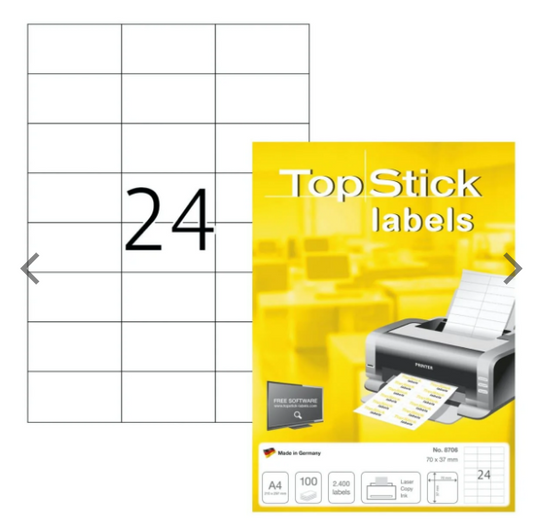 TopStick Labels UAE | 70x35mm White Labels | 24/Sheet | Dubai Abu Dhabi Sharjah Delivery