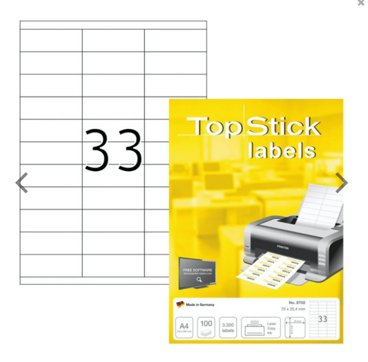 TopStick Labels UAE - 33 Labels/Sheet Sharp Corners 70x25.4mm - Dubai Abu Dhabi Sharjah Delivery