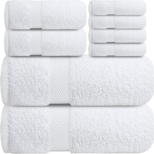 Infini Homes Premium Cotton Bath Towel Set – 8-Piece Luxury 100% Absorbent Towels for Bathroom, Spa & Hotel Use – Includes 2 Bath Towels, 2 Hand Towels & 4 Washcloths – Brilliant White – UAE Home Essentials