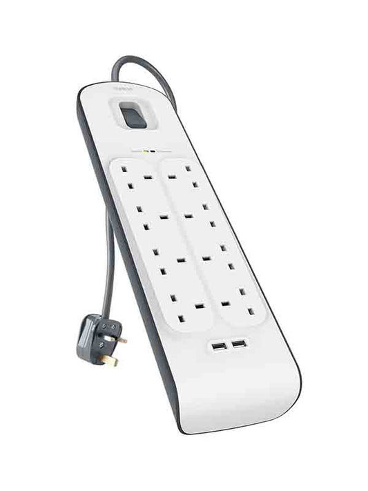 Belkin BSV804AF2M Surge Protector 8 Outlet 2 USB 2.4A Power Extension Socket 2M - White | UAE Delivery
