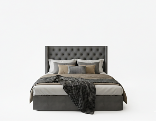 Grey Wooden Bed with Tall Upholstered Headboard 120×200cm | UAE Furniture | Dubai Abu Dhabi Sharjah