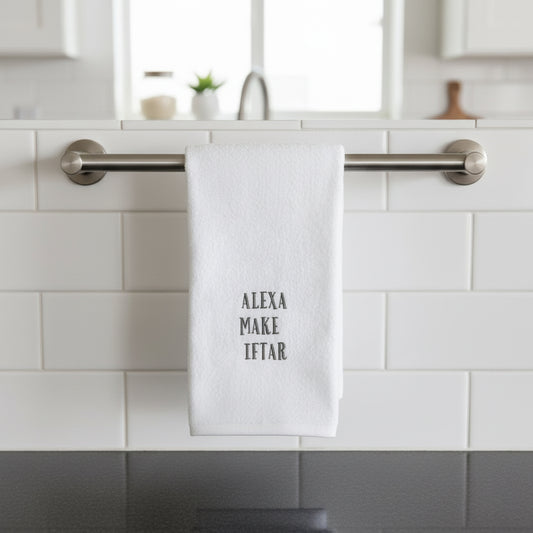 Embroidered Ramadan kitchen towel Dubai - Quick-dry cotton towel with modern Islamic humor for UAE families during holy month