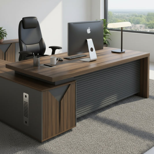 L Shaped Office Desk 180x160cm with Drawers - Walnut Grey | Dubai UAE