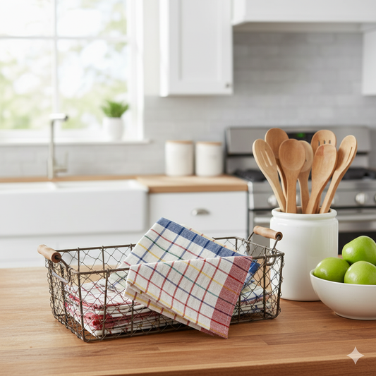 Orchard Blue Red Kitchen Towels UAE Set of 3 | Luxury Multi Checks 50x70cm Dubai Abu Dhabi | INFINI HOMES