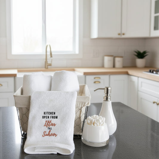 Premium 600 GSM embroidered Ramadan kitchen towel with traditional Islamic patterns - luxury home textiles Dubai Abu Dhabi UAE