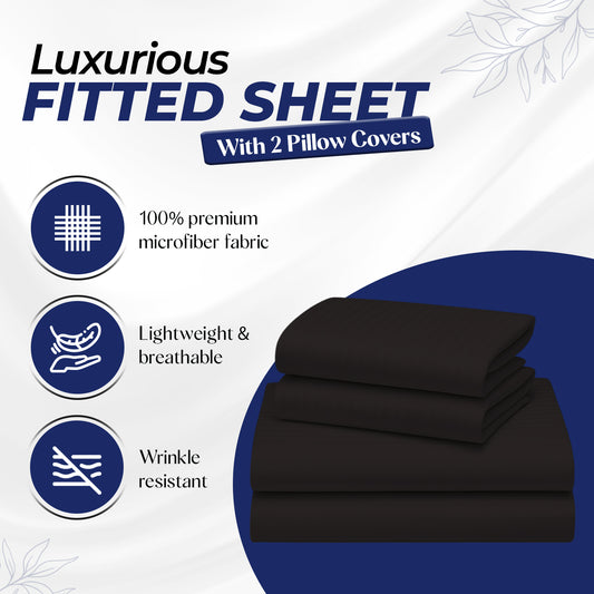 Infini HOMES Premium Stripe Fitted Sheet Set – 200X200 cm – Elegant Microfiber Finish – Includes 2 Pillow Covers