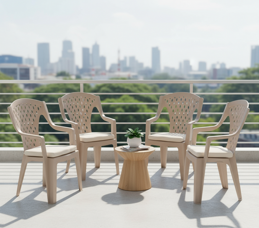 Premium beige plastic dining chairs set of 4 in modern UAE home interior - comfortable stackable seating with ergonomic design - fast delivery across Dubai, Abu Dhabi, Sharjah