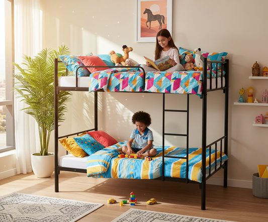 Premium Steel Metal Bunk Bed with mattress 90x190 Dubai UAE | Double Black Bunk Bed with Mattress & Ladder | INFINI HOMES