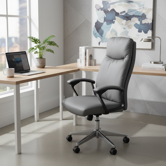 Executive Office Grey Chair High Back PU Leather Boss Chair UAE | Chrome Base Ergonomic Desk Chair | IH A35