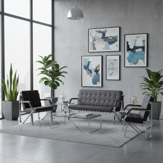 Black PU Office Sofa Set 3+1+1 | Premium Office Furniture UAE | IH 684