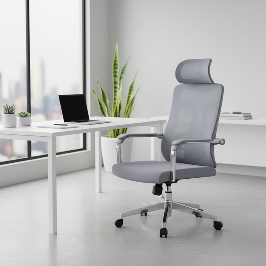 Ergonomic Mesh Grey Office Chair with Headrest - High Back Executive Chair UAE | Chrome Base | IH A-215-S