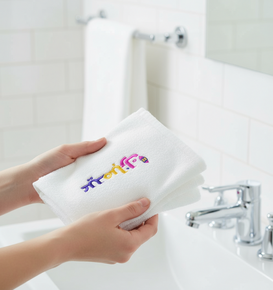 Premium 600 GSM Eid Mubarak face towel set in clean Dubai bathroom - luxury Islamic embroidered gift UAE