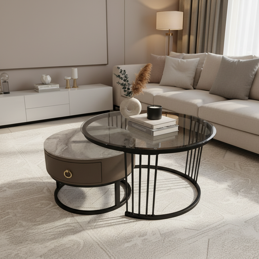 Coffee Table Set IH 3981 | Black Glass & Taupe Marble 2-Piece Luxury Coffee Table UAE