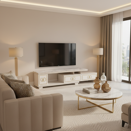 Glossy TV Stand | Premium TV Unit with Marble Top & Gold Accents – UAE
