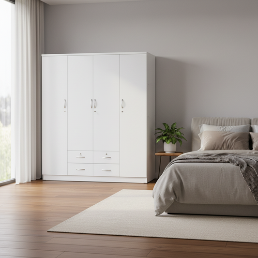 4-Door Wardrobe with Drawers | 190Hx160Wx50D cm | Premium Wooden Wardrobe UAE