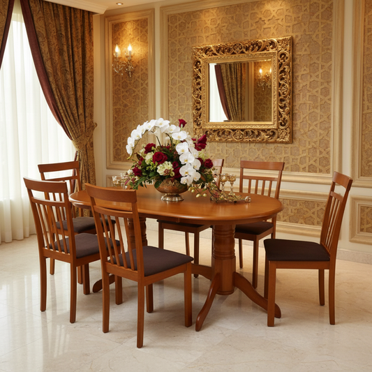 Oval Wooden Dining Set 6 Seater | Cherry Finish | INFINI HOMES