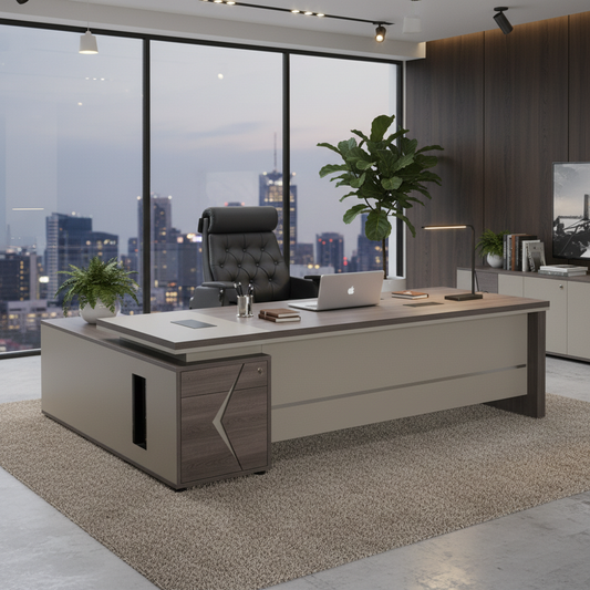 L-Shape Office Desk 1.6m Oak & Khaki | Premium Executive Desk UAE