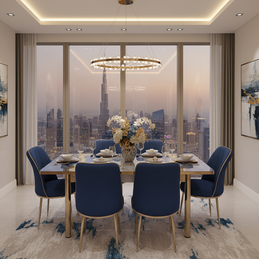 Blue and Gold Marble Dining Set 170x80cm | Luxury Dining Table UAE