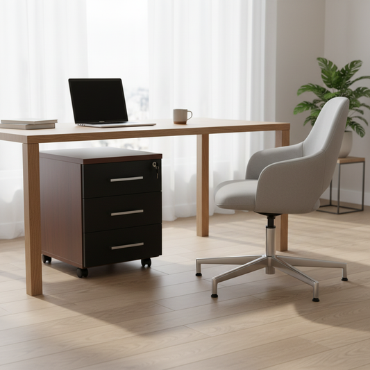 Wooden Mobile Pedestal 3 Drawer with Central Lock in minimalist home office setup – buy office storage furniture UAE