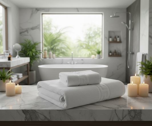 Premium white cotton bath towels in luxury UAE spa bathroom setting - INFINI HOMES Magnolia Collection