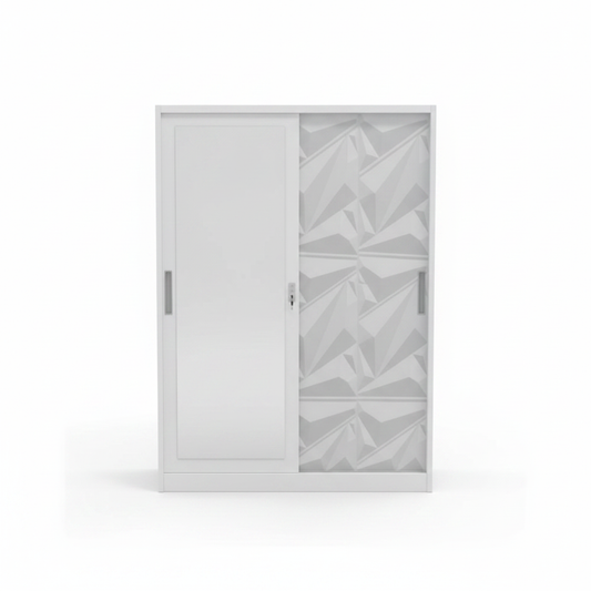 White Sliding Door Wardrobe with 3D Panel Design – Modern Bedroom Storage Cabinet UAE