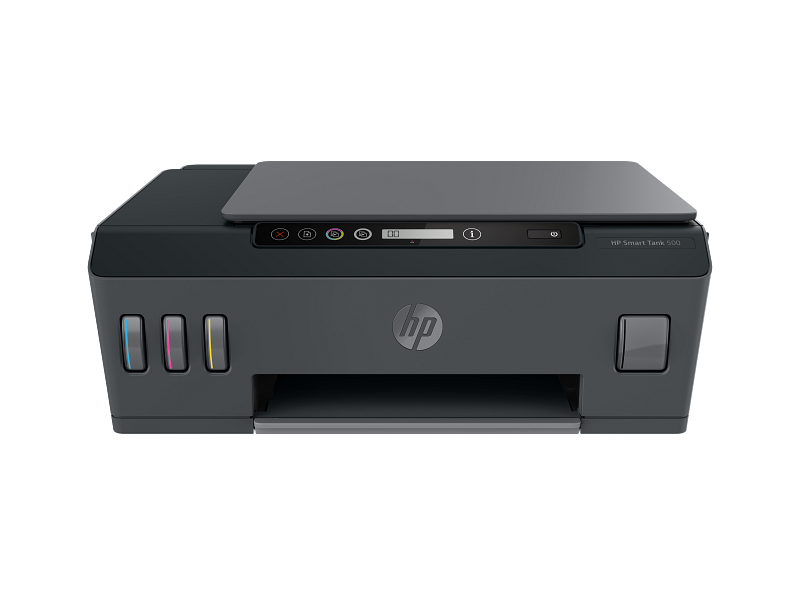 HP Smart Tank 500 All-in-One Printer front view with ink tanks and control panel – cartridge-free printing UAE
