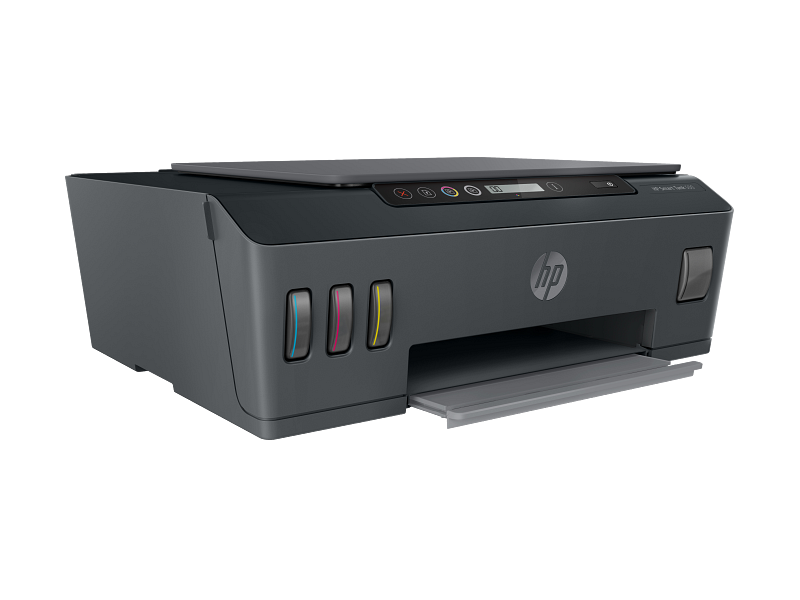 HP Smart Tank 500 All-in-One Printer 3-quarter angle view showing ink tanks and paper tray – buy in UAE
