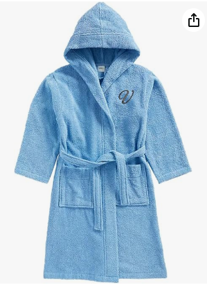 INFINI HOMES Daffodil Monogrammed Kids Bathrobe - Light Blue Hooded Terry Cotton - 6 Years - Letter V
