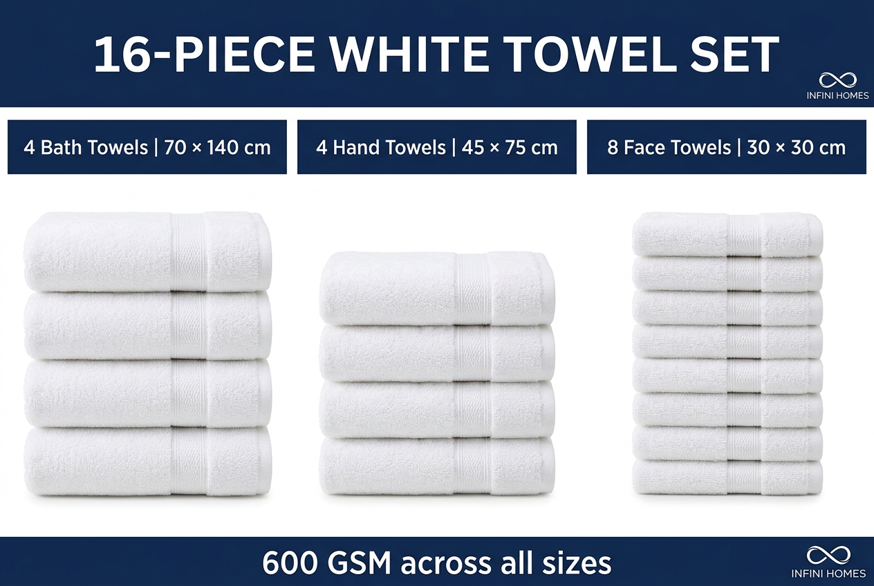 White Towel Set – 16 Pieces | 600 GSM Bath, Hand & Face Towels