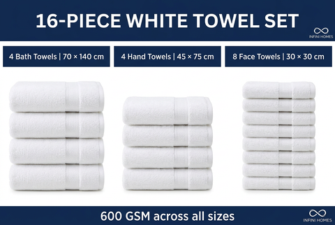 White Towel Set – 16 Pieces | 600 GSM Bath, Hand & Face Towels