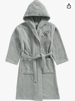 INFINI HOMES Premium Kids Bathrobe - Grey Hooded Terry Cotton Monogrammed 'R' | UAE Delivery