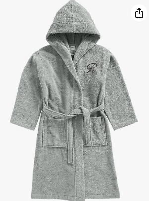 INFINI HOMES Premium Kids Bathrobe - Grey Hooded Terry Cotton Monogrammed Letter R - UAE Delivery