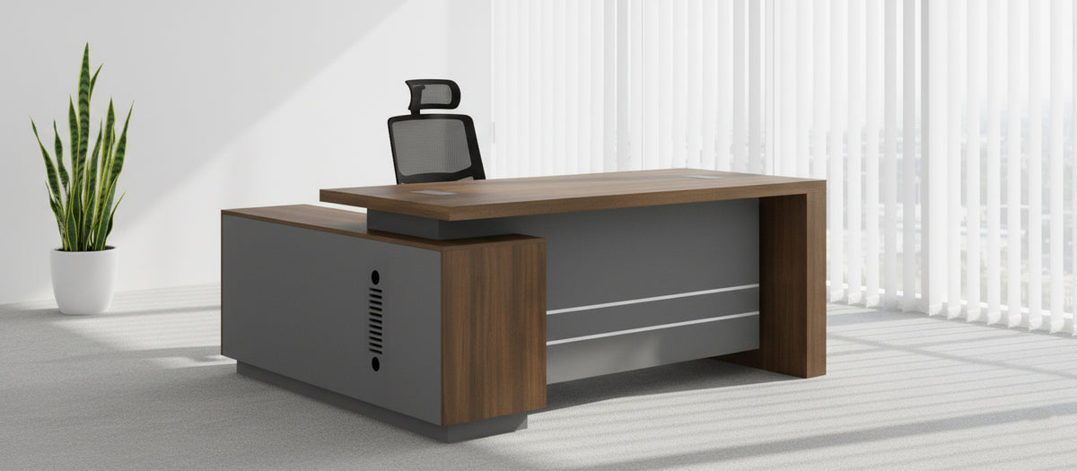 L-Shaped Office Desk 180x160cm - Executive Corner Table with Drawers UAE | Walnut Grey