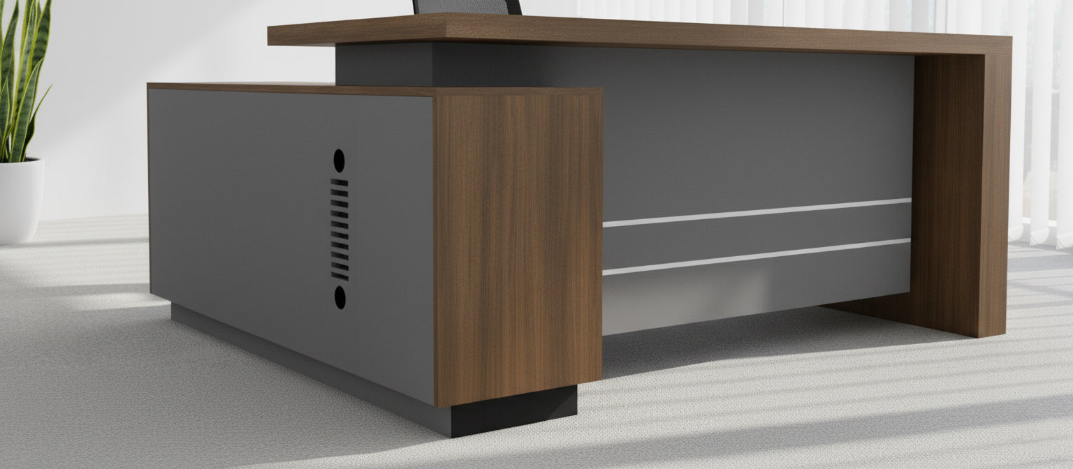 INFINI HOMES Office Table L Shape UAE - Model Apex-200 Walnut Grey 200x160cm Return Table Dubai Abu Dhabi Sharjah