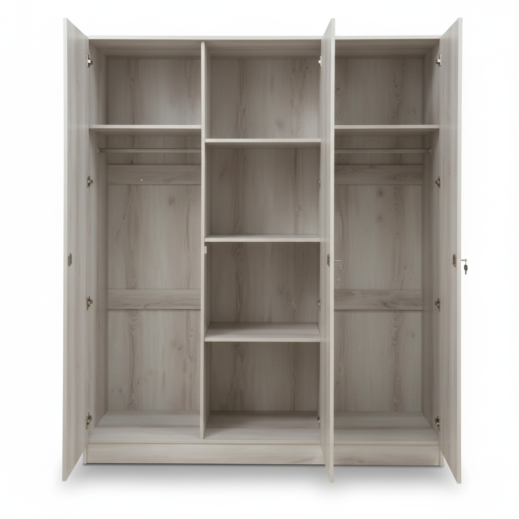 Three Door Wooden Wardrobe IH 933 Open Interior with Shelves and Hanging Rails – Bedroom Wardrobe UAE
