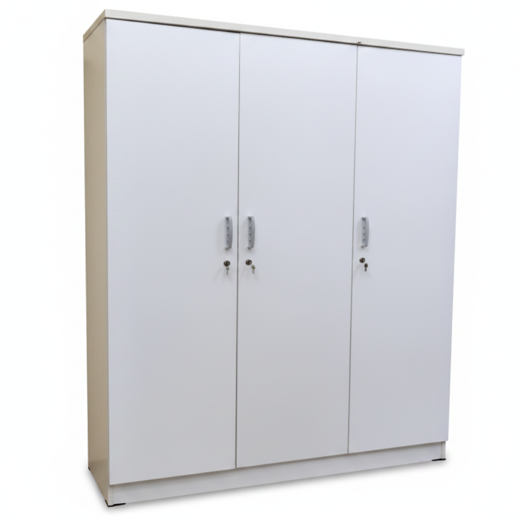 3-Door White Wardrobe with Key Lock and Silver Handles - Buy Online UAE