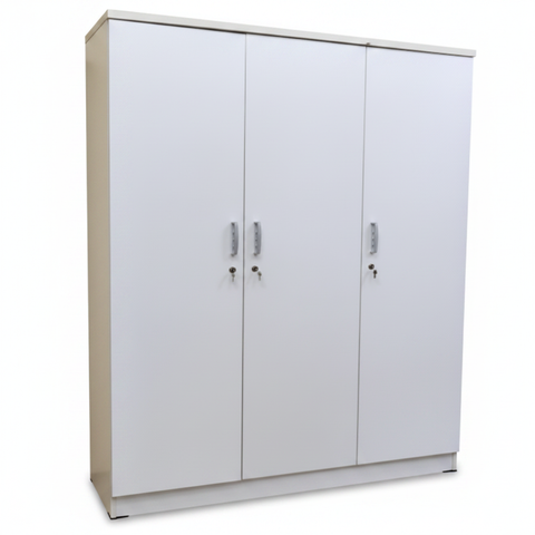 3-Door White Wardrobe with Key Lock and Silver Handles - Buy Online UAE