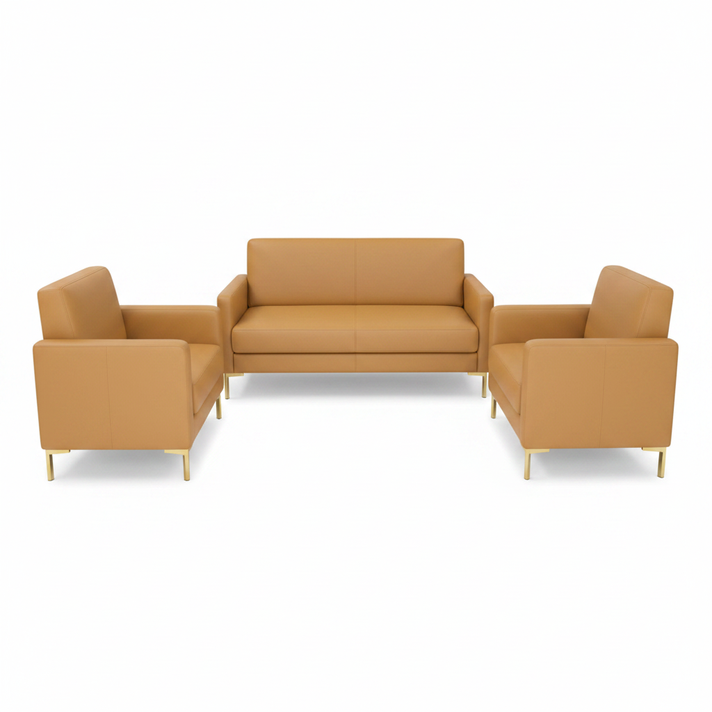Premium Camel Fabric Office Sofa Set 3+1+1 with Gold Metal Legs – Buy Luxury Office Sofa UAE