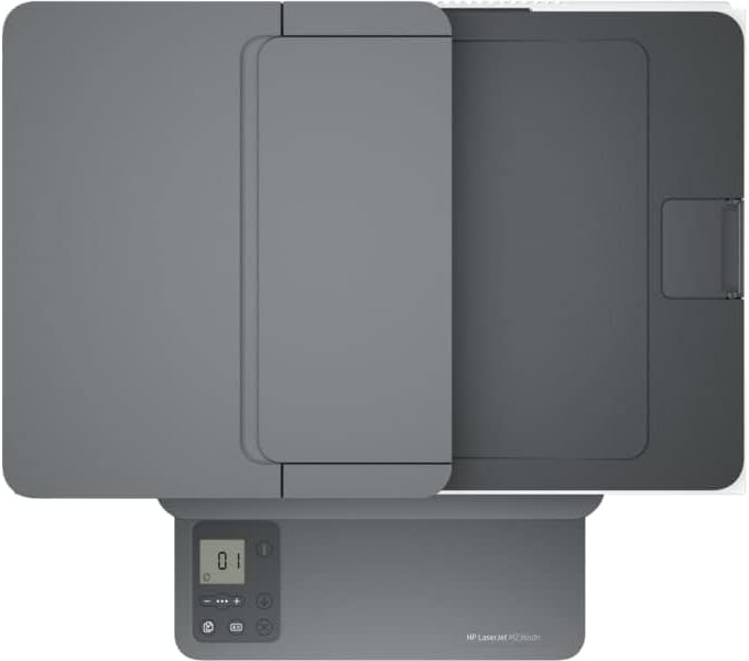 HP LaserJet MFP M236SDN top view showing flatbed scanner lid and ADF document feeder – multifunction printer UAE