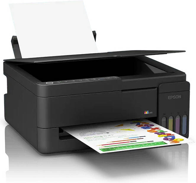 Epson EcoTank L3350 all-in-one ink tank printer with open scanner lid printing vibrant pages – UAE