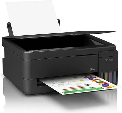 Epson EcoTank L3350 all-in-one ink tank printer with open scanner lid printing vibrant pages – UAE