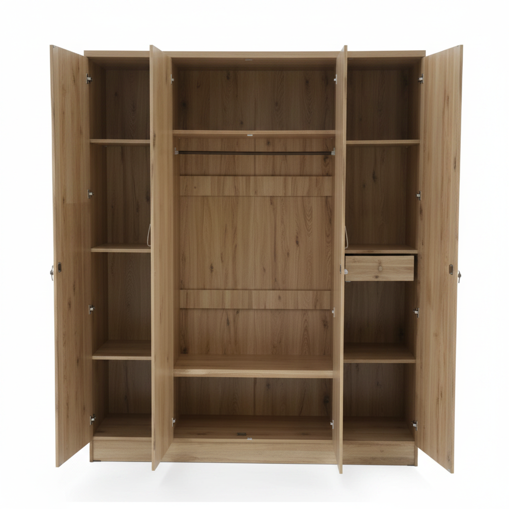 Four Door Oak Wooden Wardrobe IH-7748 Open Interior View – Premium Storage Cabinet UAE Delivery